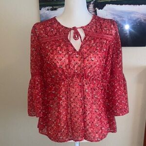 Lucky Brand 🍀 Red Floral Boho Chic Hippie Blouse Top Lace Detailing Polka Dots
